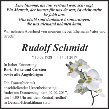 Traueranzeige von Rudolf Schmidt von WVG - Wochenspiegel Dessau / Köthen