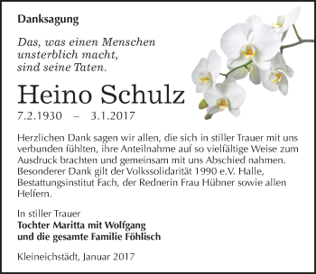 Traueranzeige von Heino Schulz von Mitteldeutsche Zeitung Merseburg/Querfurt