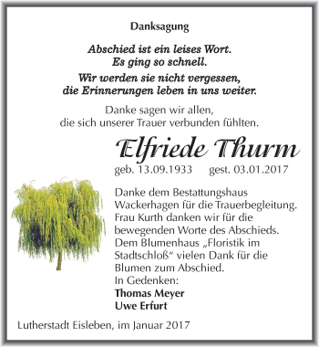 Traueranzeige von Elfriede Thurm von Mitteldeutsche Zeitung Mansfelder Land