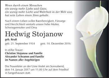 Traueranzeige von Hedwig Stojanow von Mitteldeutsche Zeitung Sangerhausen