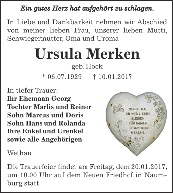 Traueranzeige von Ursula Merken von WVG - Wochenspiegel NMB / WSF / ZTZ