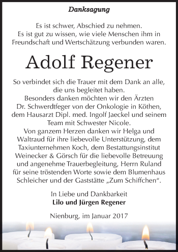 Traueranzeige von Adolf Regener von Mitteldeutsche Zeitung Bernburg