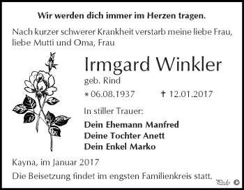 Traueranzeige von Irmgard Winkler von Super Sonntag Zeitz