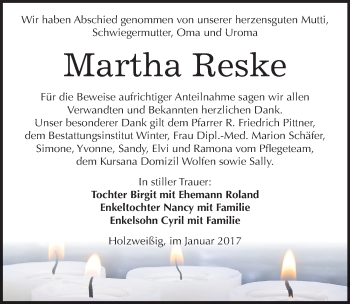Traueranzeige von Martha Reske von Mitteldeutsche Zeitung Bitterfeld