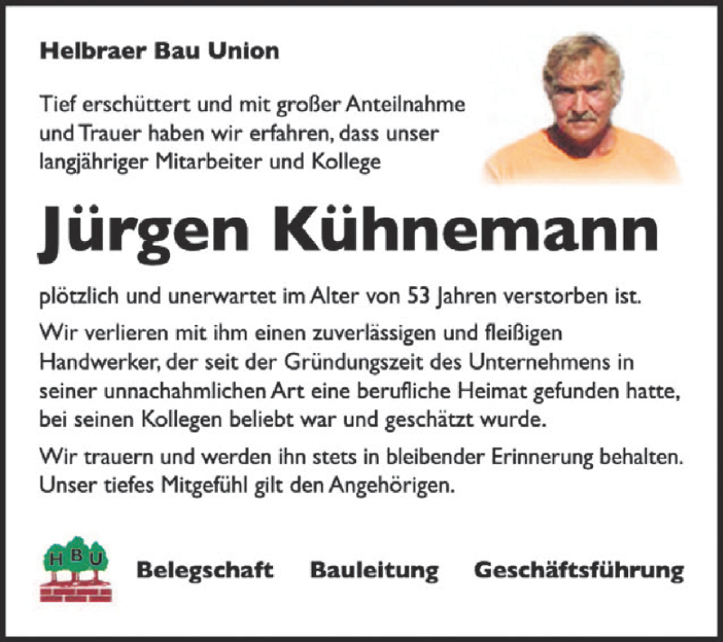  Traueranzeige für Jürgen Kühnemann vom 21.01.2017 aus Super Sonntag SGH Mansf. Land