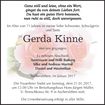Traueranzeige von Gerda Kinne von Super Sonntag Aschersleben