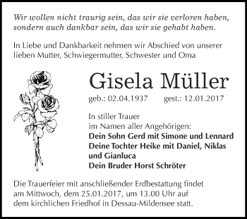 Traueranzeige von Gisela Müller von WVG - Wochenspiegel Dessau / Köthen