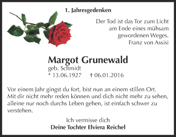 Traueranzeige von Margot Grunewald von WVG - Wochenspiegel Dessau / Köthen
