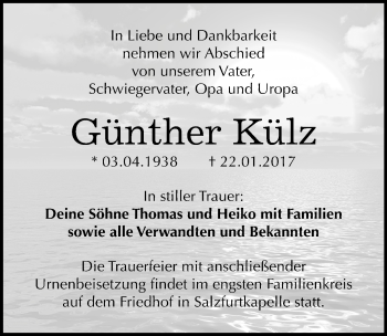 Traueranzeige von Günther Külz von Mitteldeutsche Zeitung Bitterfeld