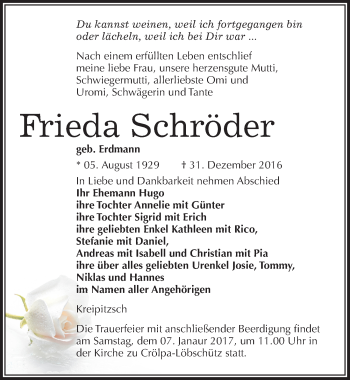 Traueranzeige von Frieda Schröder von Mitteldeutsche Zeitung Naumburg/Nebra