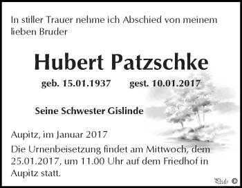 Traueranzeige von Hubert Patzschke von WVG - Wochenspiegel NMB / WSF / ZTZ