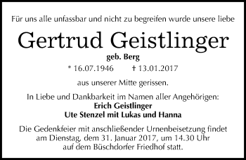 Traueranzeige von Gertrud Geistlinger von Mitteldeutsche Zeitung Halle/Saalkreis