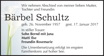 Traueranzeige von Bärbel Schultz von Mitteldeutsche Zeitung Halle/Saalkreis