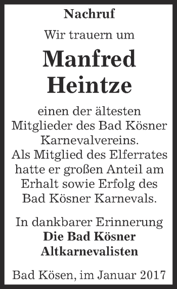 Traueranzeige von Manfred Heintze von WVG - Wochenspiegel NMB / WSF / ZTZ