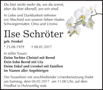 Traueranzeige von Ilse Schröter von Mitteldeutsche Zeitung Bitterfeld