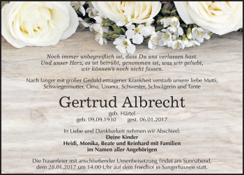 Traueranzeige von Gertrud Albrecht von Mitteldeutsche Zeitung Sangerhausen