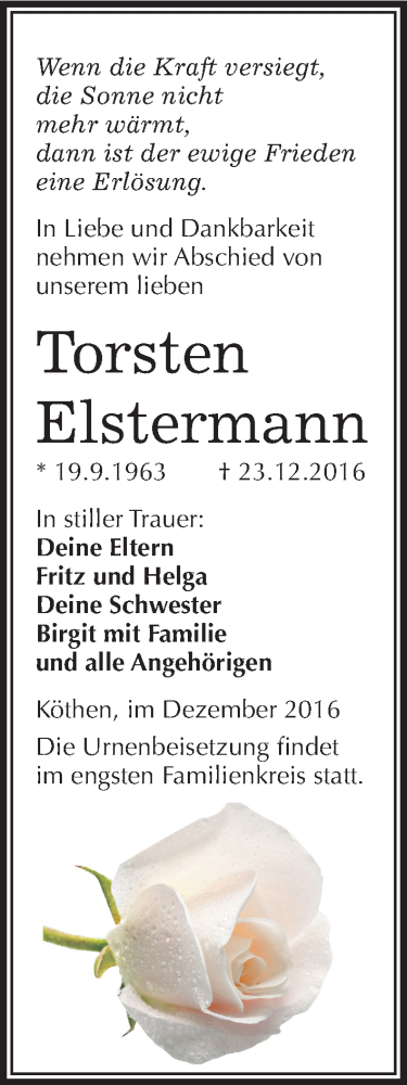  Traueranzeige für Torsten Elstermann vom 30.12.2016 aus Mitteldeutsche Zeitung Köthen