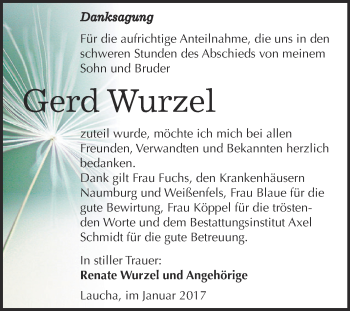Traueranzeige von Gerd Wurzel von WVG - Wochenspiegel NMB / WSF / ZTZ