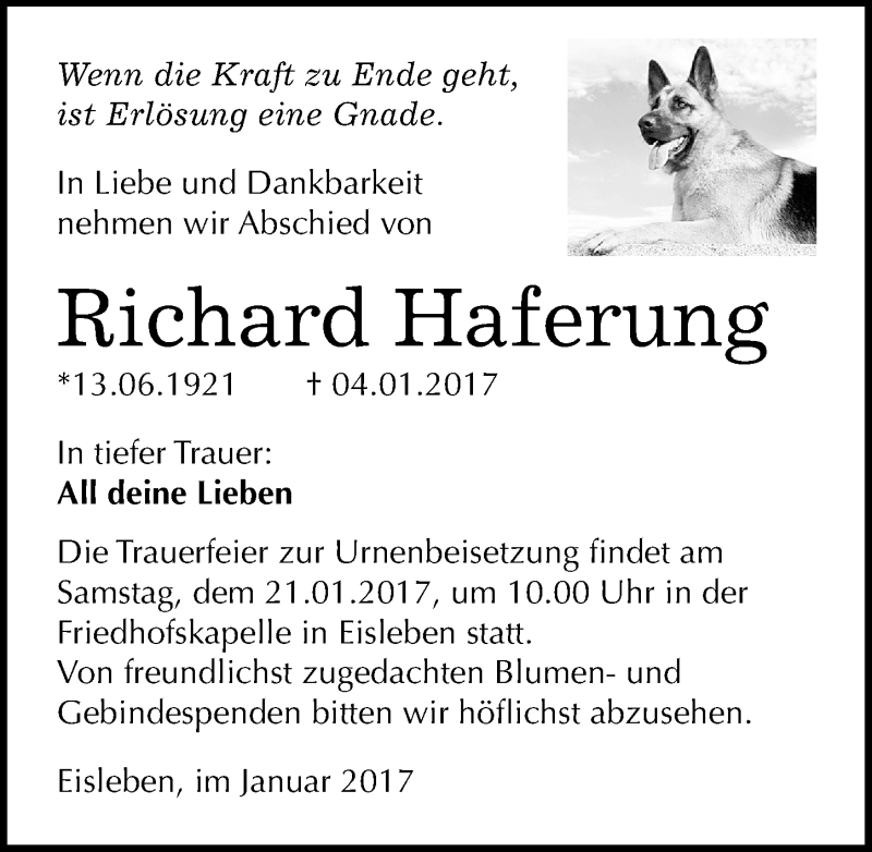  Traueranzeige für Richard Haferung vom 14.01.2017 aus Mitteldeutsche Zeitung Mansfelder Land