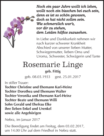 Traueranzeige von Rosemarie Linge von Mitteldeutsche Zeitung Naumburg/Nebra