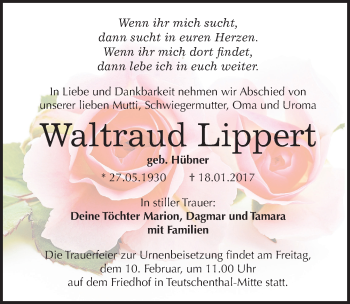 Traueranzeige von Waltraud Lippert von Mitteldeutsche Zeitung Halle/Saalkreis