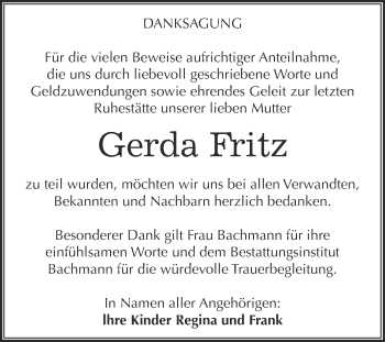 Traueranzeige von Gerda Fritz von WVG - Wochenspiegel Dessau / Köthen