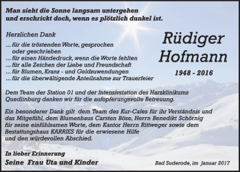 Traueranzeige von Rüdiger Hofmann von Mitteldeutsche Zeitung Quedlinburg