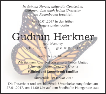 Traueranzeige von Gudrun Herknner von Super Sonntag Quedlinburg