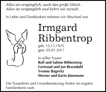 Traueranzeige von Irmgard Ribbentrop von Mitteldeutsche Zeitung Halle/Saalkreis