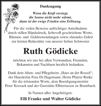 Traueranzeige von Ruth Gödicke von WVG - Wochenspiegel Dessau / Köthen