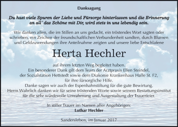 Traueranzeige von Herta Hechler von Mitteldeutsche Zeitung Mansfelder Land