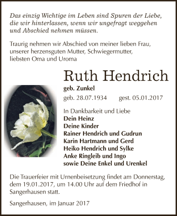 Traueranzeige von Ruth Hendrich von Super Sonntag SGH Mansf. Land
