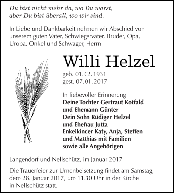 Traueranzeige von Willi Helzel von Super Sonntag Zeitz