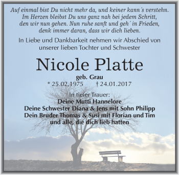 Traueranzeige von Nicole Platte von Mitteldeutsche Zeitung Wittenberg