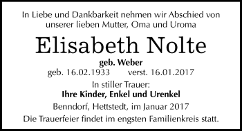 Traueranzeige von Elisabeth Nolte von Mitteldeutsche Zeitung Mansfelder Land