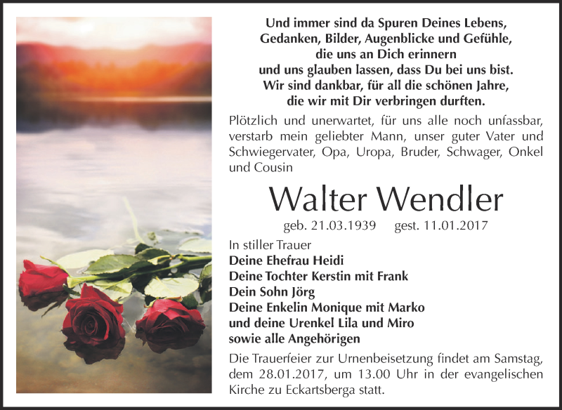  Traueranzeige für Walter Wendler vom 18.01.2017 aus WVG - Wochenspiegel NMB / WSF / ZTZ