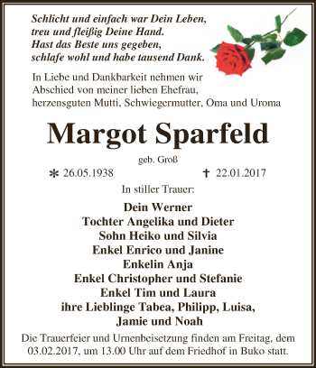Traueranzeige von Margot Sparfeld von Super Sonntag Wittenberg