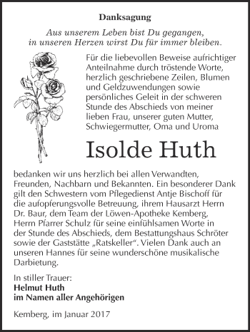Traueranzeige von Isolde Huth von WVG - Wochenspiegel Bitterfeld