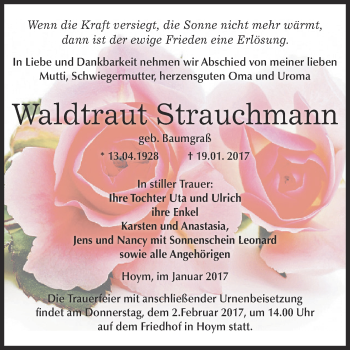 Traueranzeige von Waldtraut Strauchmann von Super Sonntag SGH Mansf. Land