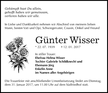 Traueranzeige von Günter Wisser von Mitteldeutsche Zeitung Halle/Saalkreis
