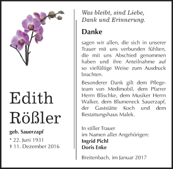 Traueranzeige von Edith Rößler von Mitteldeutsche Zeitung Sangerhausen