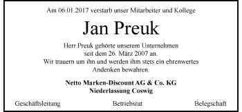 Traueranzeige von Jan Preuk von Mitteldeutsche Zeitung Wittenberg