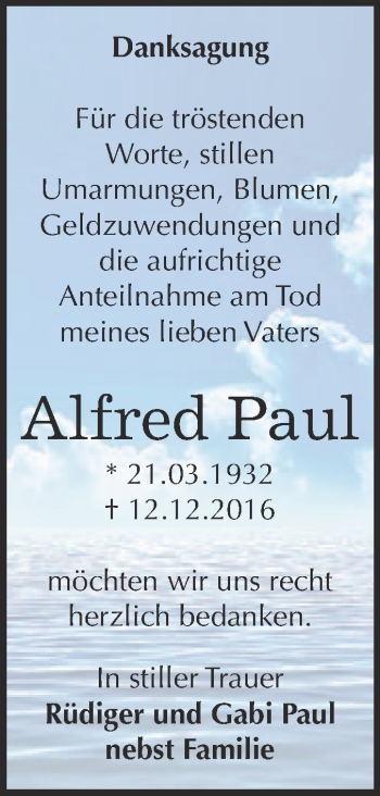 Traueranzeige von Alfred Paul von WVG - Wochenspiegel Merseburg