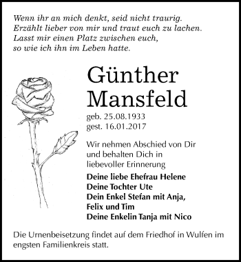 Traueranzeige von Günther Mansfeld von Mitteldeutsche Zeitung Köthen