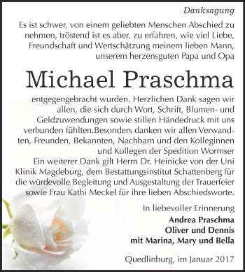 Traueranzeige von Michael Praschma von Super Sonntag Quedlinburg