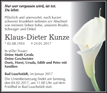 Traueranzeige von Klaus-Dieter Kunze von Mitteldeutsche Zeitung Merseburg/Querfurt
