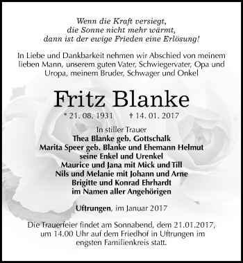 Traueranzeige von Fritz Blanke von Mitteldeutsche Zeitung Sangerhausen