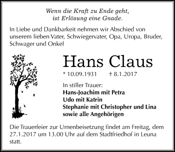 Traueranzeige von Hans Claus von Mitteldeutsche Zeitung Merseburg/Querfurt