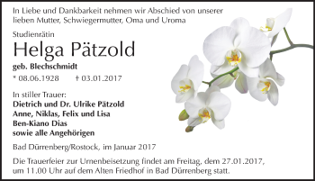 Traueranzeige von Helga Pätzold von Mitteldeutsche Zeitung Merseburg/Querfurt