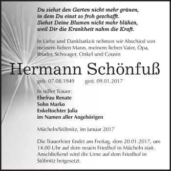 Traueranzeige von Hermann Schönfuß von WVG - Wochenspiegel Merseburg